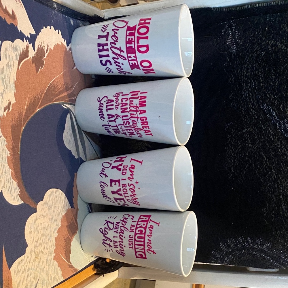 Set of Four White and Pink Quote Mugs
